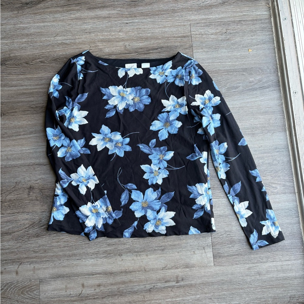 Liz Claiborne Black Top with Blue Floral Design